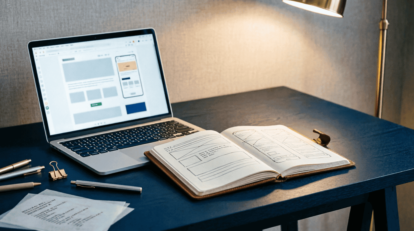 Аккуратное рабочее место разработчика и дизайнера с экраном, ноутбуком и записной книжкой