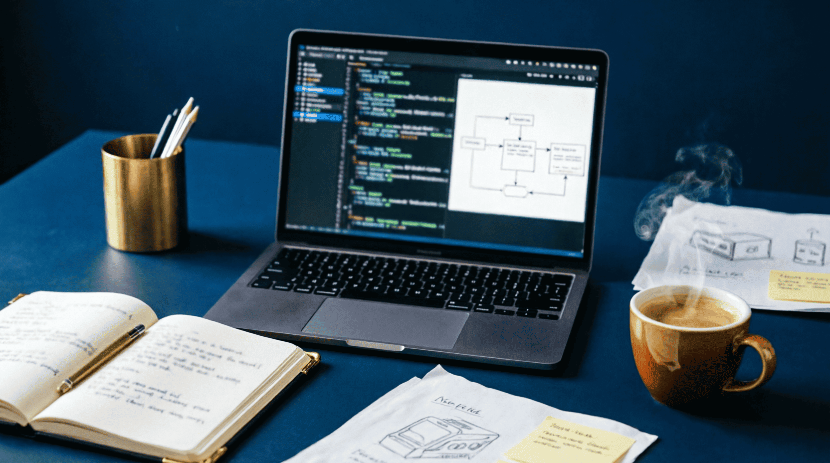 Ноутбук с кодом и схемой, записи и кофе как образ технического блога