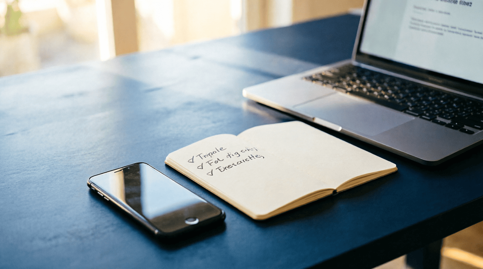Ноутбук, смартфон и блокнот на столе как образ простого старта работы