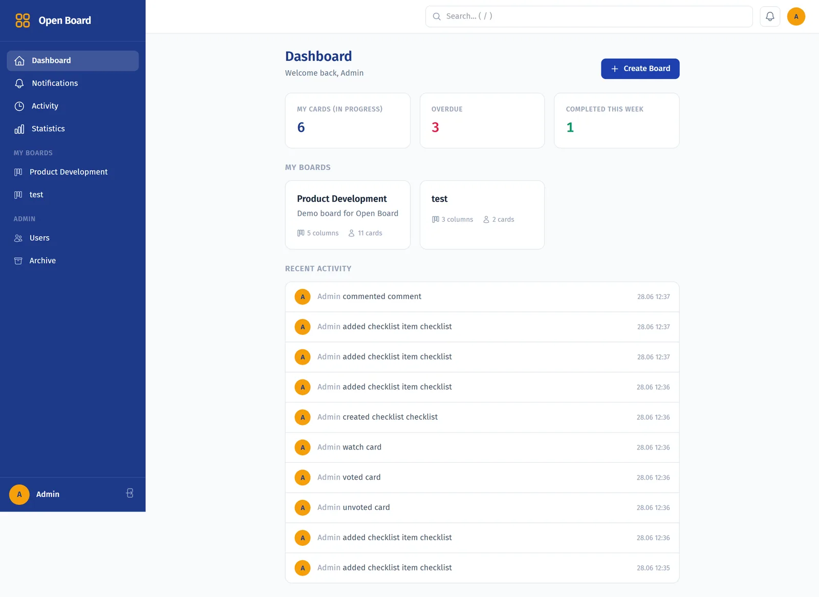 Dashboard Open Board — статистика и лента активности
