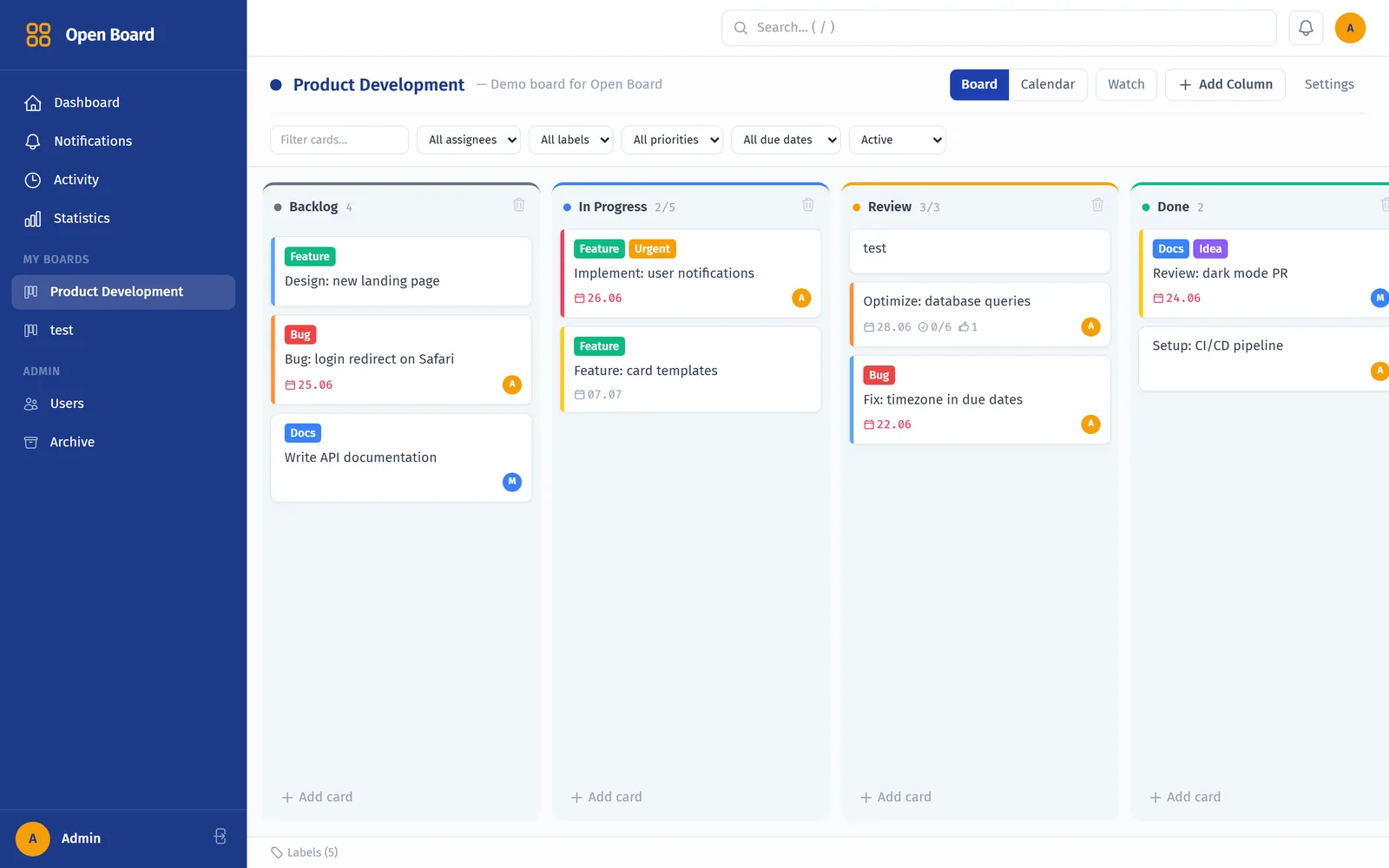 Kanban-доска Product Development с колонками, карточками и метками
