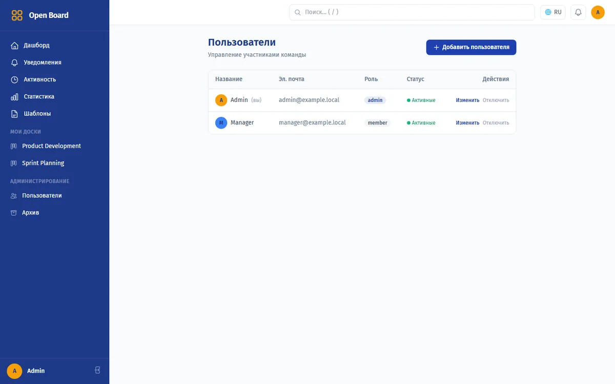 Управление пользователями Open Board