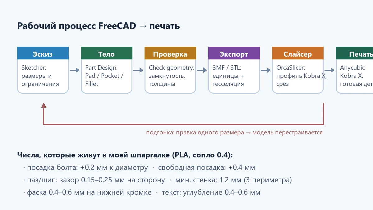 Рабочий процесс FreeCAD: эскиз, тело, проверка, экспорт, слайсер, печать